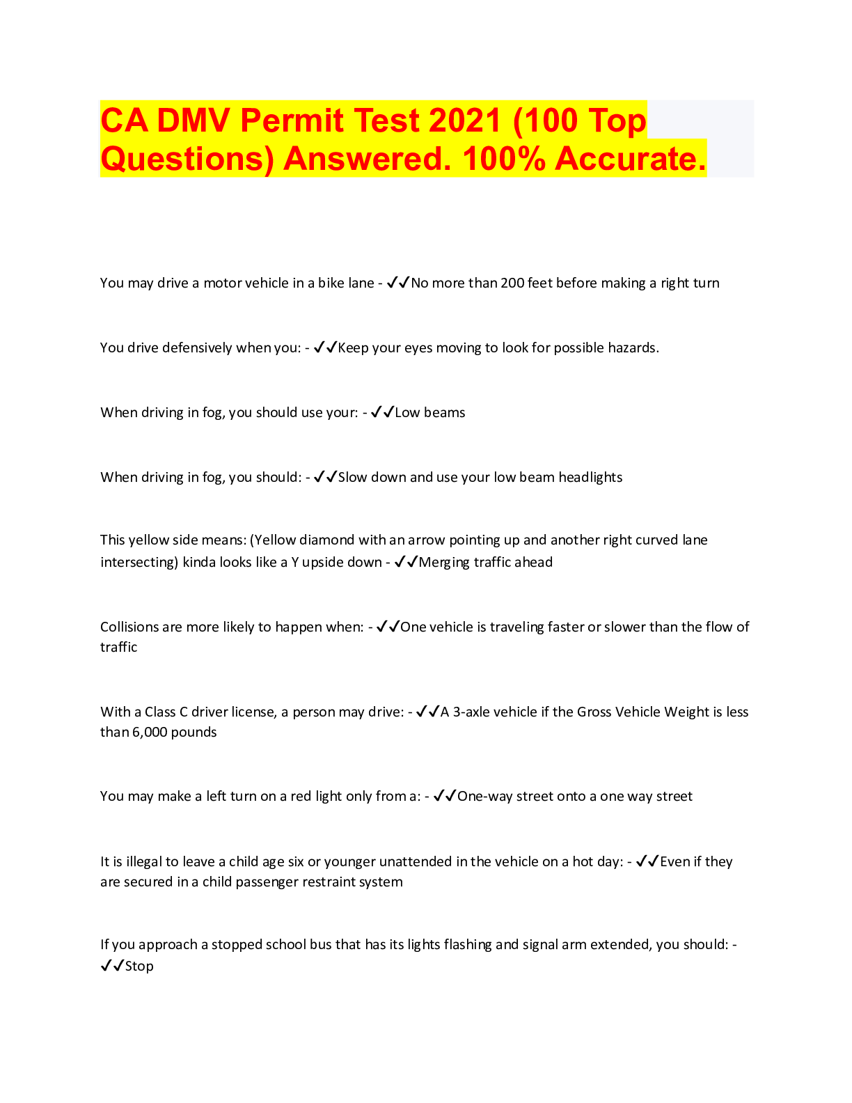 Preview image for CA DMV Permit Test 2021 (100 Top Questions) 2022/2023 PREDICTOR. Rated A+